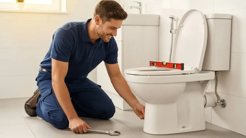 Professional handyman inspecting and repairing wobbly toilet