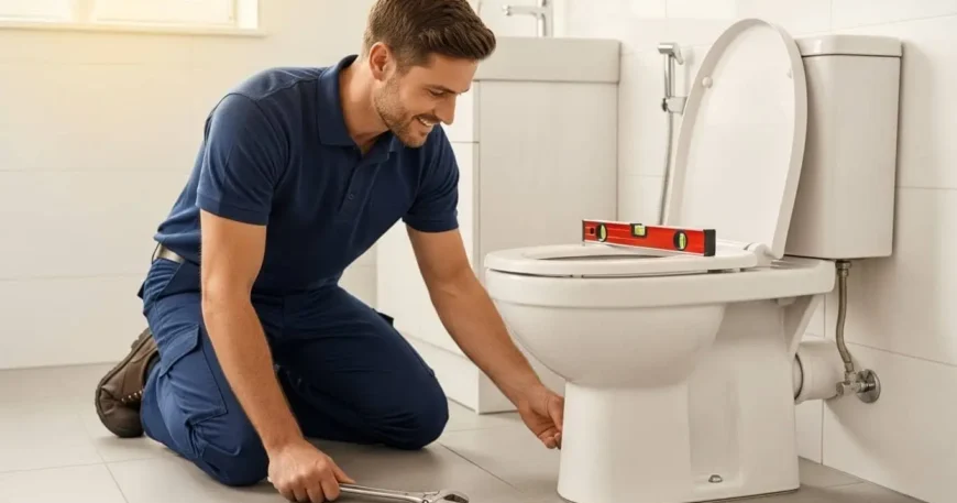 Professional handyman inspecting and repairing wobbly toilet