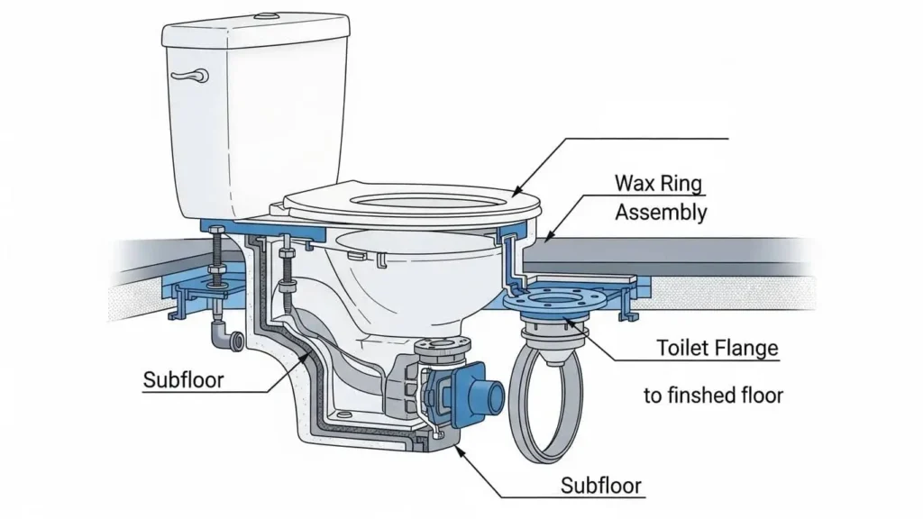 Diagram showing toilet components including wax ring, flange, and closet bolts