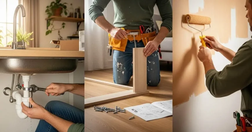 Handyman performing home repairs with tools, face hidden, fixing, painting, and assembling furniture